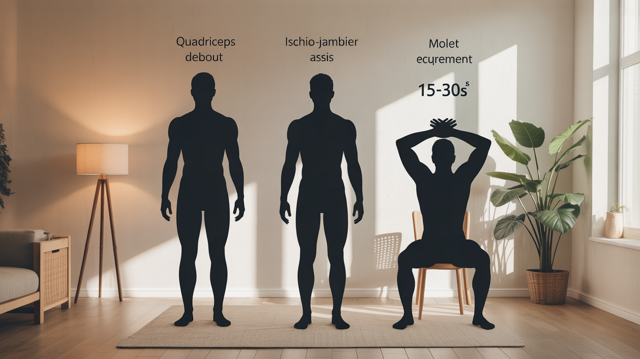 Étirements genou : quadriceps debout, ischio-jambier assis, mollet mur