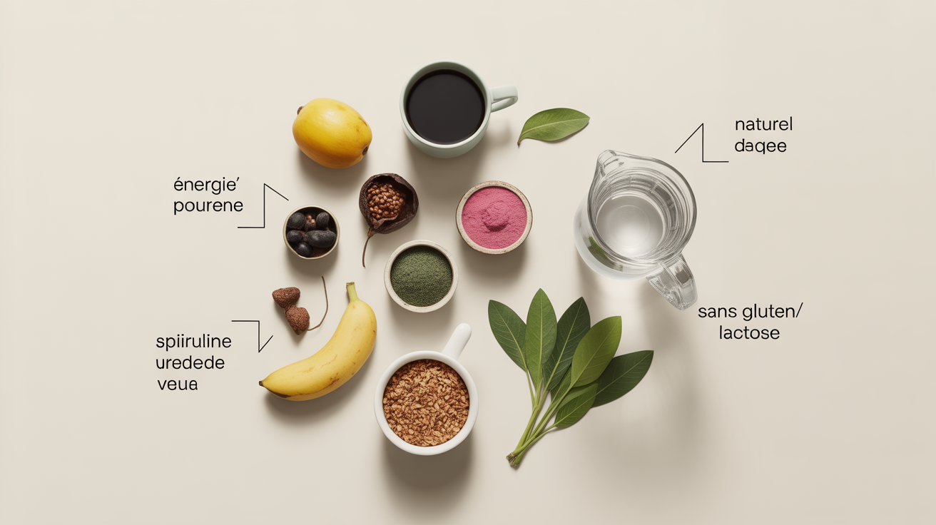 Assortiment ingredients naturels booster energetique gourde pre workout