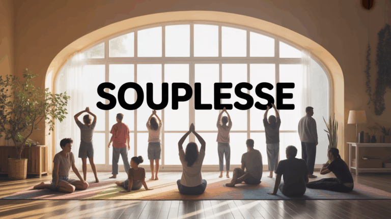 Personnes tous âges étirements tapis mot souplesse