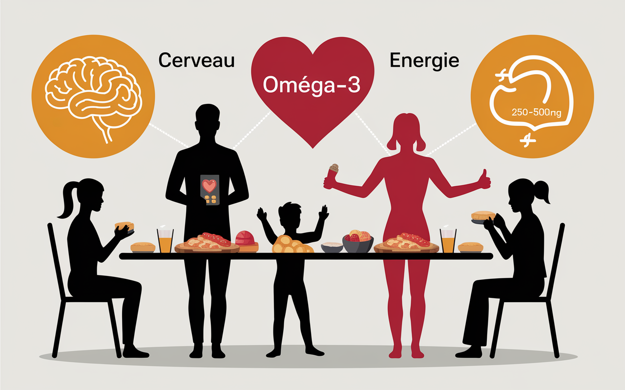 Infographie Omega-3 petit-déj : silhouettes, cerveau, coeur, énergie