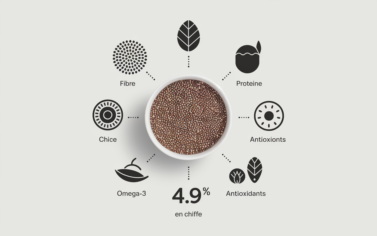 Tableau nutritionnel visuel graines de chia, pictogrammes fibres protéines calcium oméga-3
