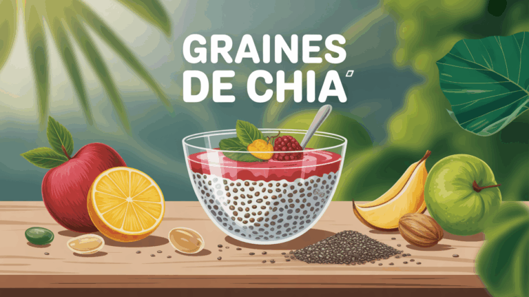 Bol de pudding aux graines de chia, fruits et noix, ambiance naturelle