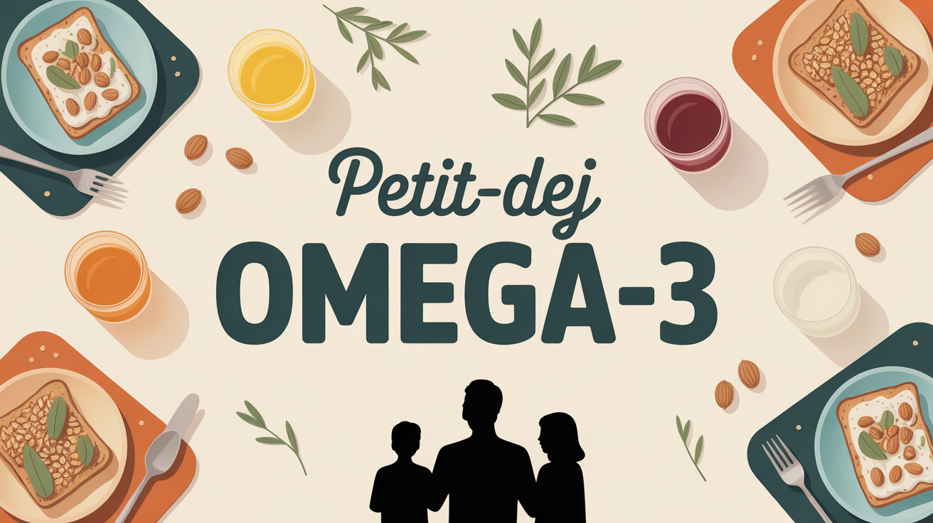 Petit-déj Omega-3 avec boissons chaudes, tartines, noix et yaourt, famille à table