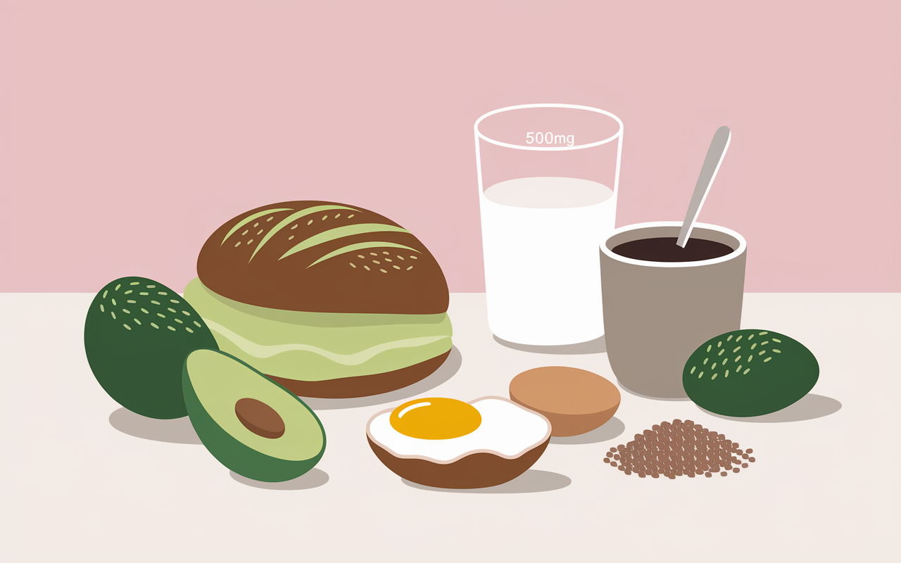 Petit-déjeuner Omega-3 : pain complet, avocat, oeuf enrichi, yaourt aux noix, chia