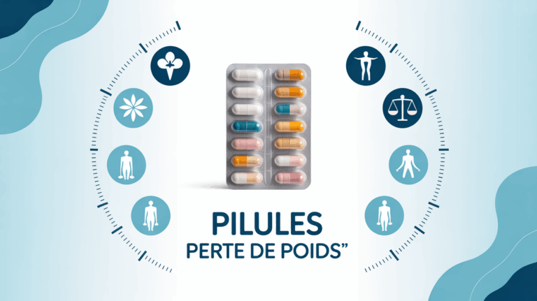 paquet pilules perte de poids sante balance silhouettes
