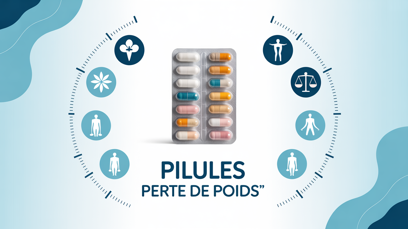 paquet pilules perte de poids sante balance silhouettes
