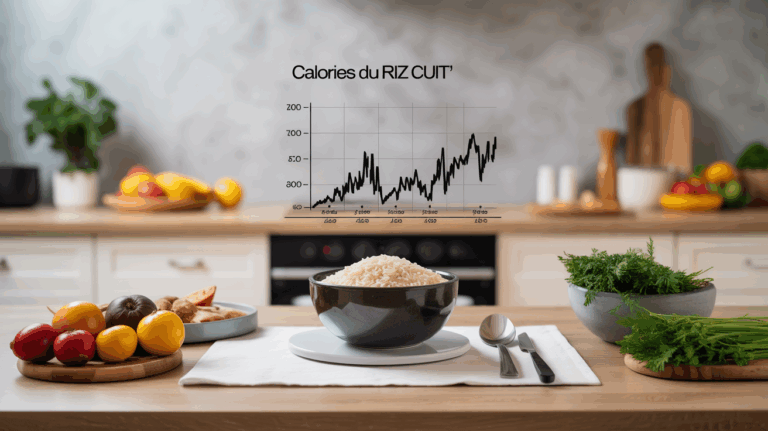 Bol de riz cuit sur balance graphique calories