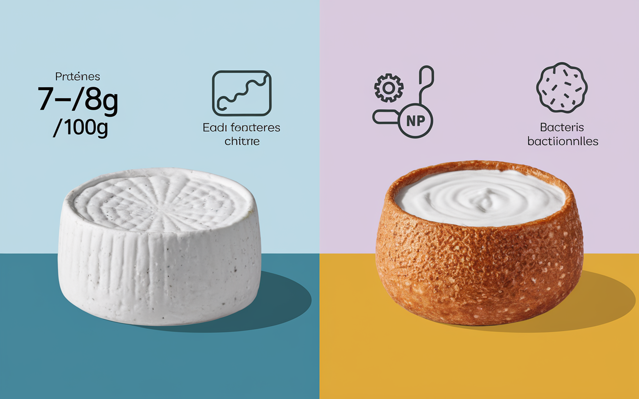 bols fromage blanc et yaourt avec pictogrammes protéines et probiotiques
