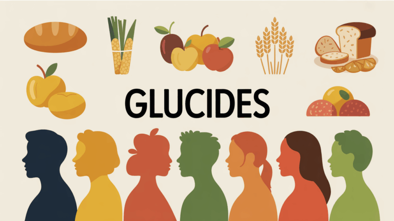 Illustration d'aliments riches en glucides avec pain, riz, fruits, barre céréales