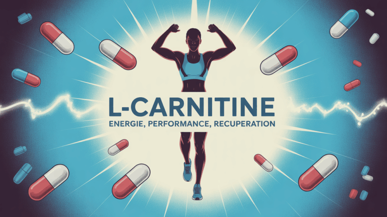 Silhouette athlétique, halteres et capsules L-carnitine sur fond lumineux