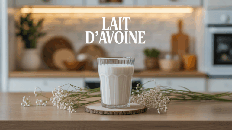 Verre de lait d'avoine sur table bois, flocons, santé et cuisine zen