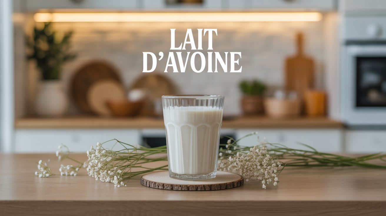 Verre de lait d'avoine sur table bois, flocons, santé et cuisine zen