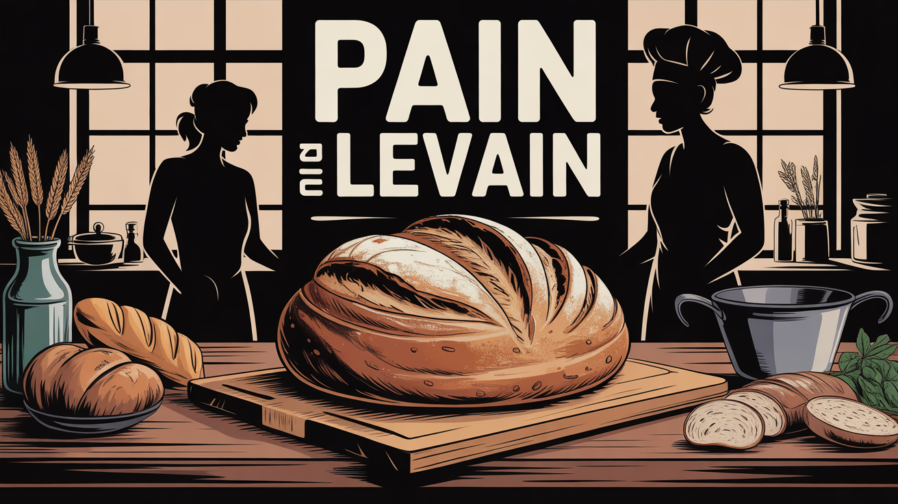 Pain au levain artisanal sur planche en bois, table conviviale