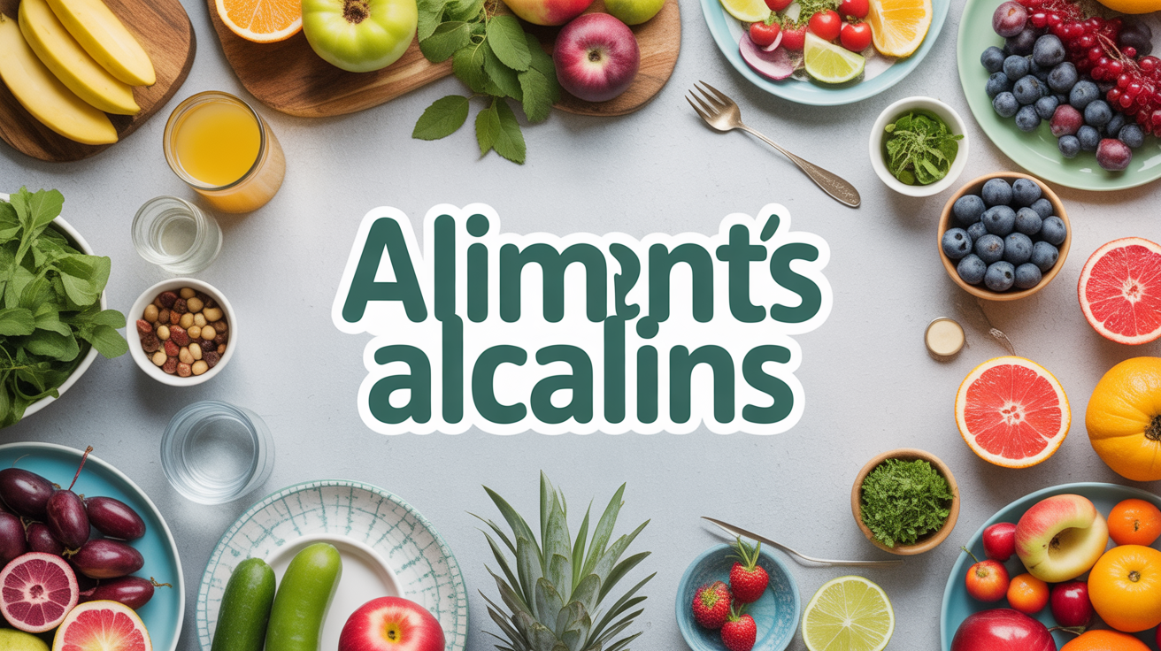 Grande table avec aliments alcalins fruits et legumes frais