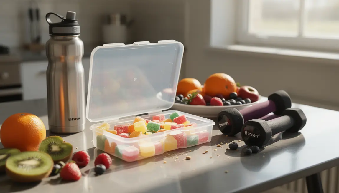 gummies colorés AlphaBites sur table ambiance sport