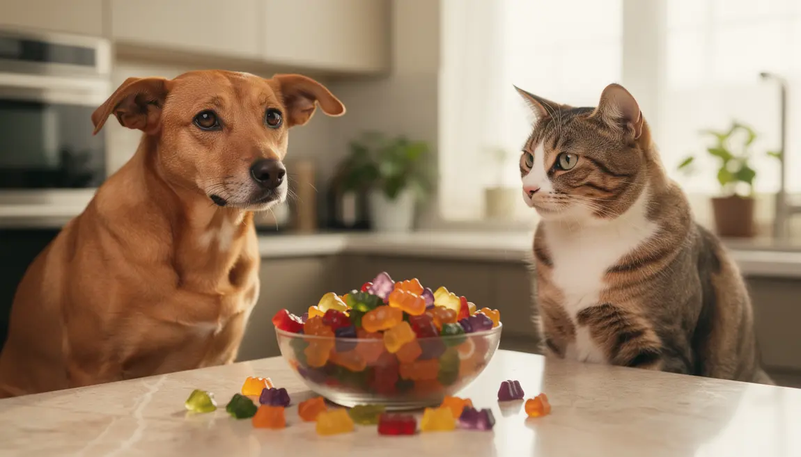 Chien et chat dynamique devant des gummies Animale Me