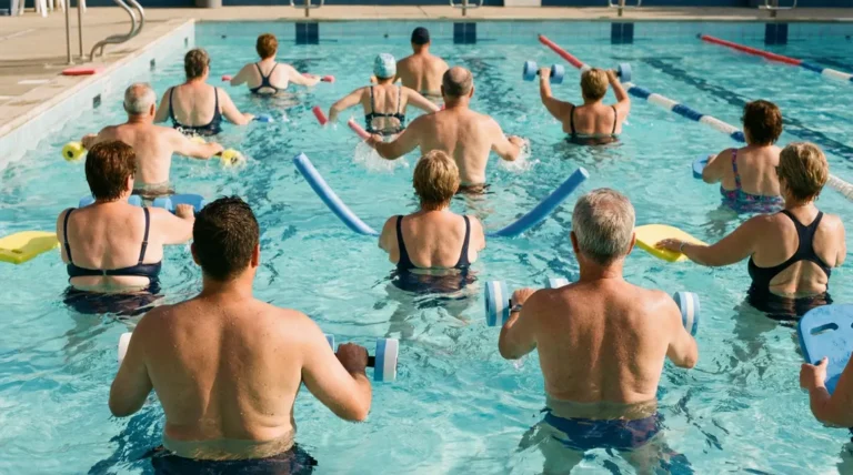 Groupe faisant aquatraining dans piscine avec accessoires