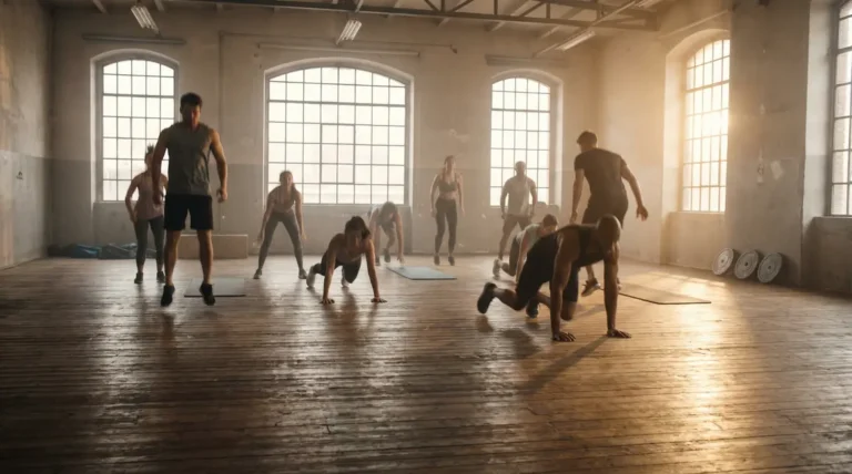 Groupe mixte enchainant des burpees dans une salle lumineuse