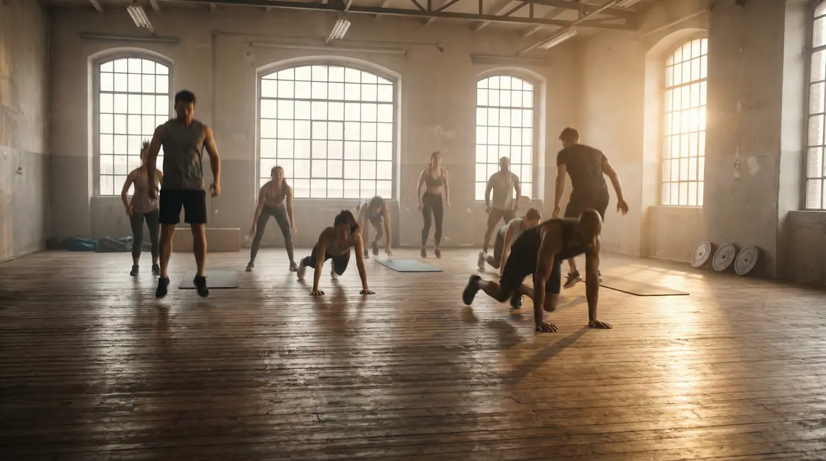 Groupe mixte enchainant des burpees dans une salle lumineuse