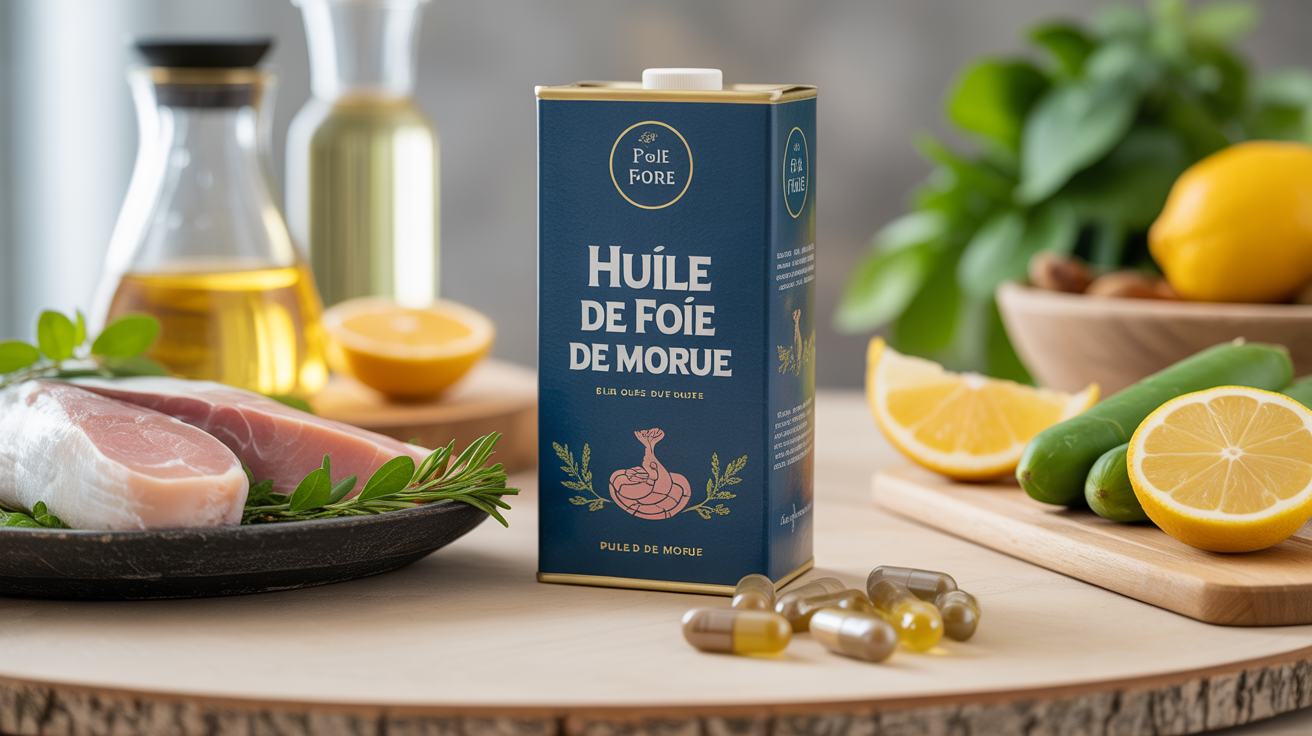 Capsules huile de foie de morue avec aliments sains sur table
