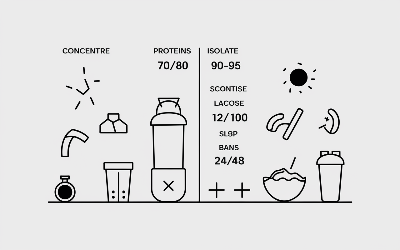 Tableau chiffres whey isolate et concentre, proteines, lactose, BCAA