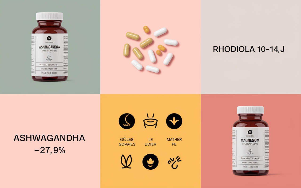Flacons Ashwagandha Rhodiola Magnesium complement alimentaire anti cortisol