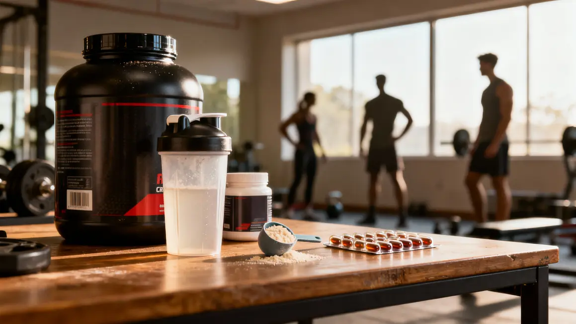 Table avec compléments sportifs pour la musculation