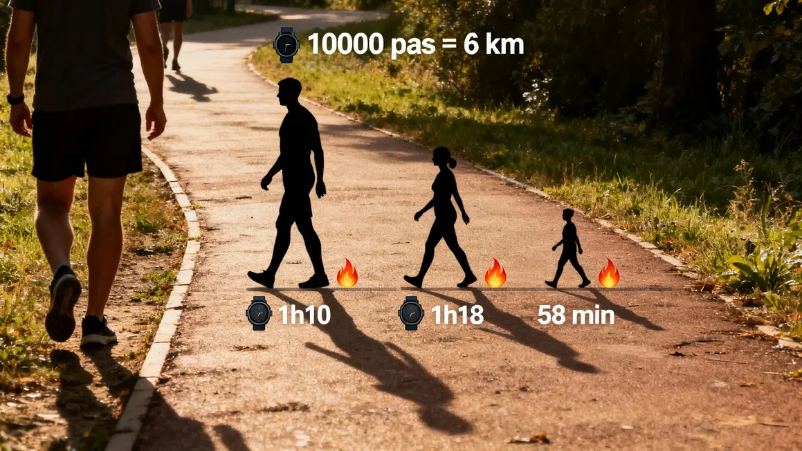 infographie 10000 pas km temps calories silhouettes