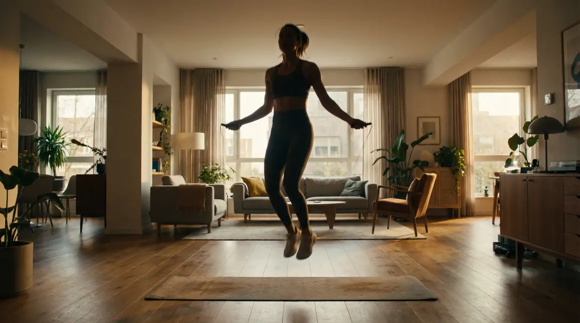 femme utilisant corde à sauter sans corde sur tapis fitness