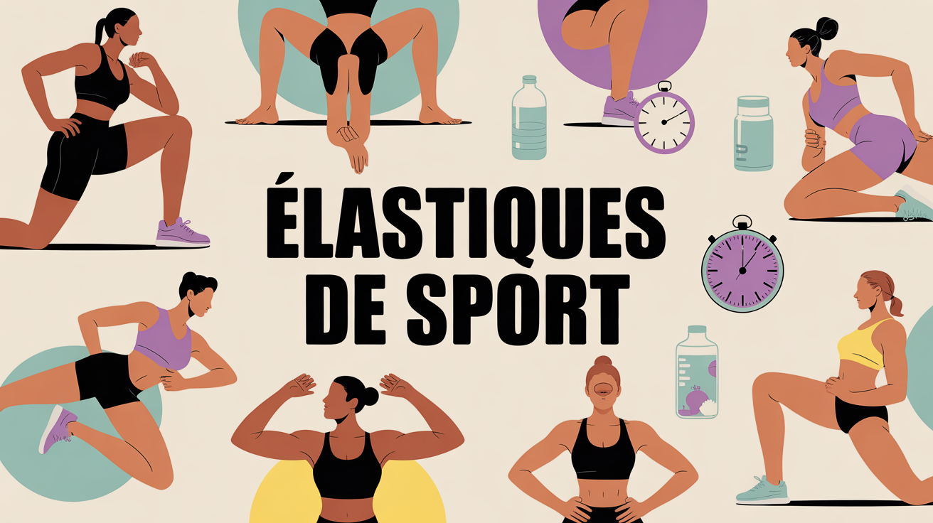 Elastiques de sport multicolores sur tapis avec haltère et bouteille