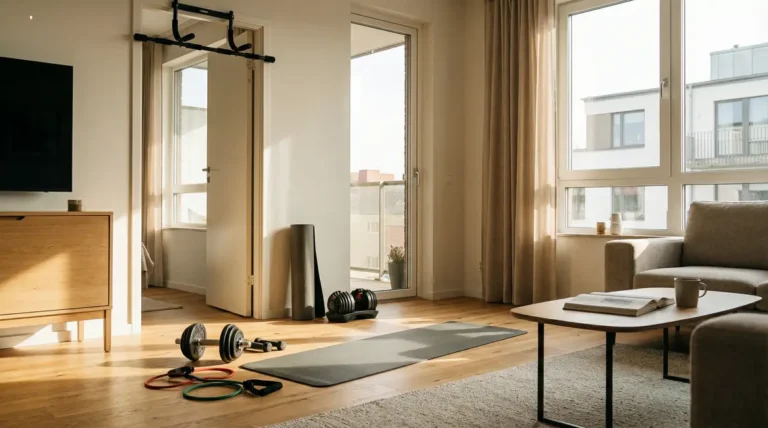 Espace musculation maison avec tapis haltères et barre de traction