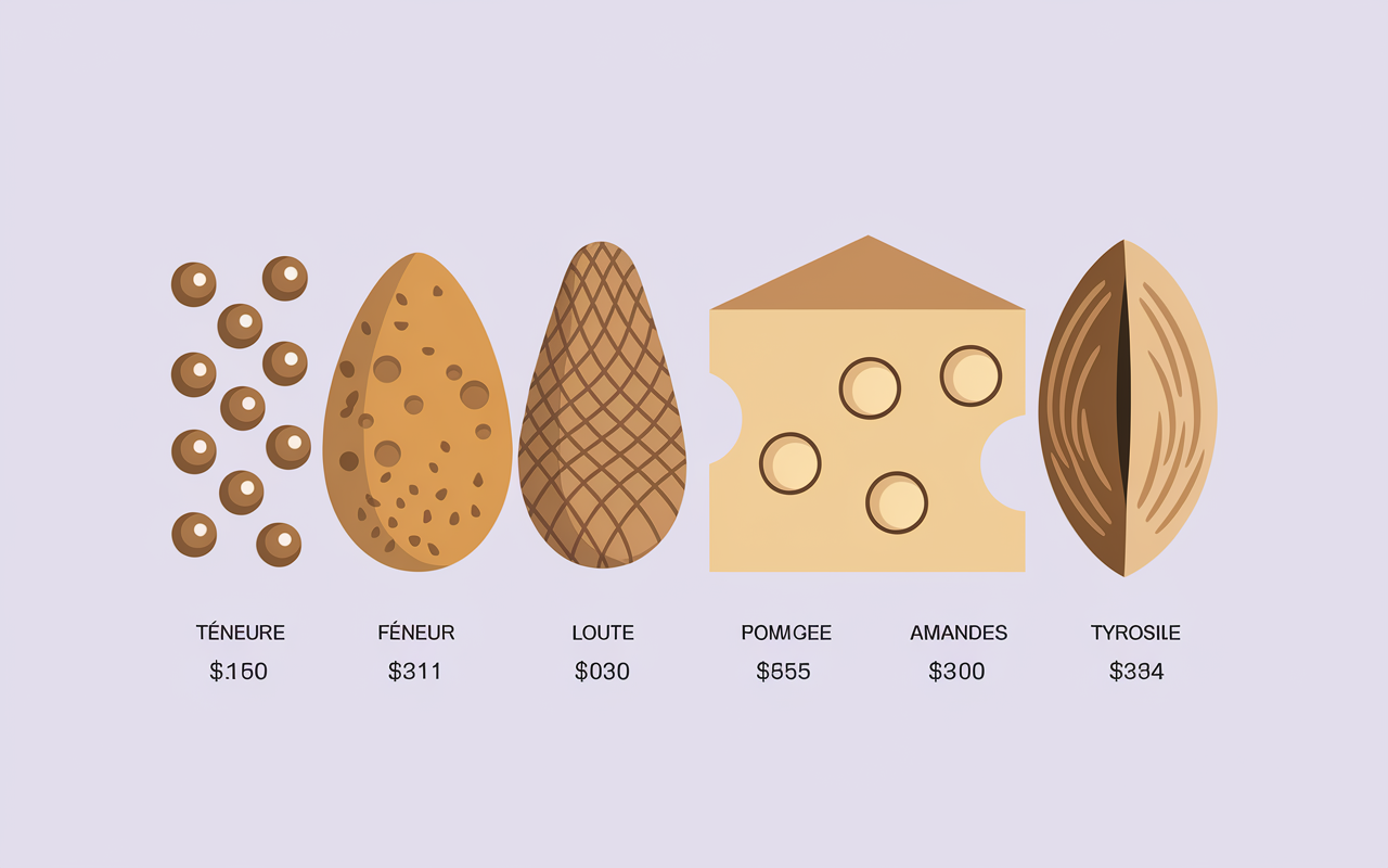 Infographie de sources Tyrosine gélules fromage amandes et chiffres