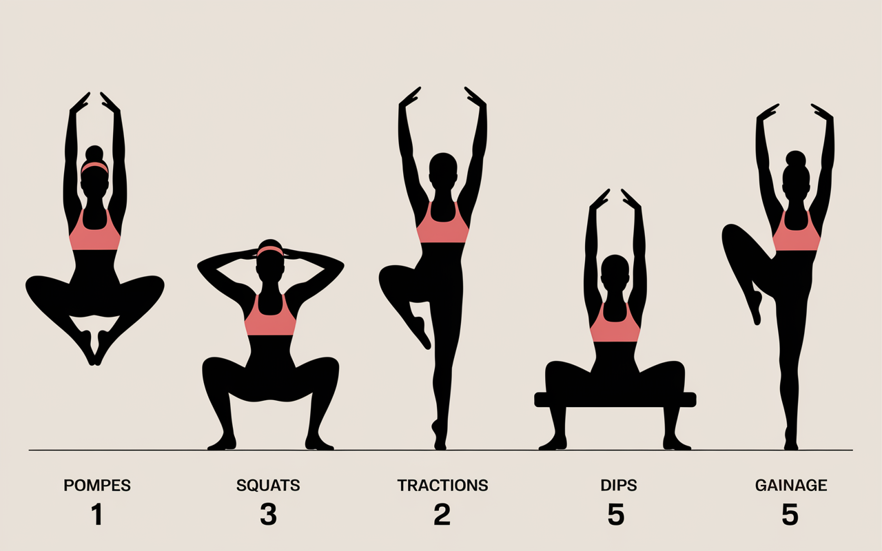 musculation au poids du corps cinq exercices illustration schema