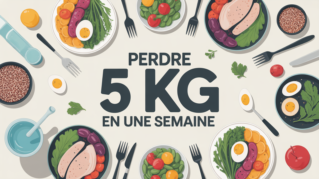 Menu régime express 5 kg, légumes, protéines, table moderne