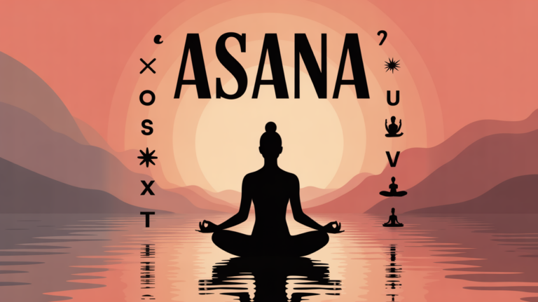 Silhouette méditant lotus avec ASANA, fonds zen, symboles mots croisés et yoga