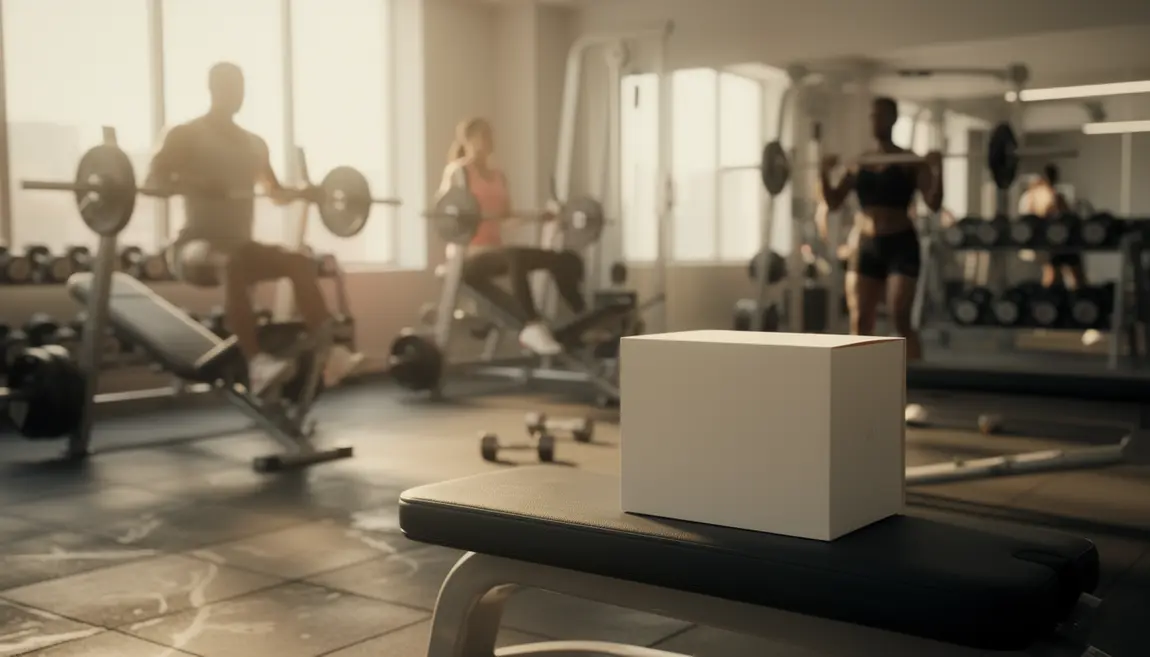 Salle de sport avec boite AlphaBoost en avant-plan