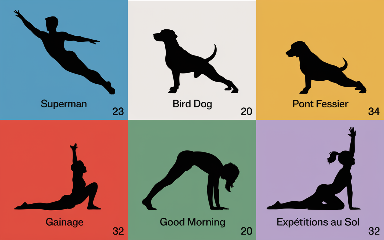 Silhouettes exercices lombaires superman bird dog pont gainage
