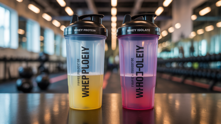 Deux shakers whey isolate et whey protein en salle de musculation