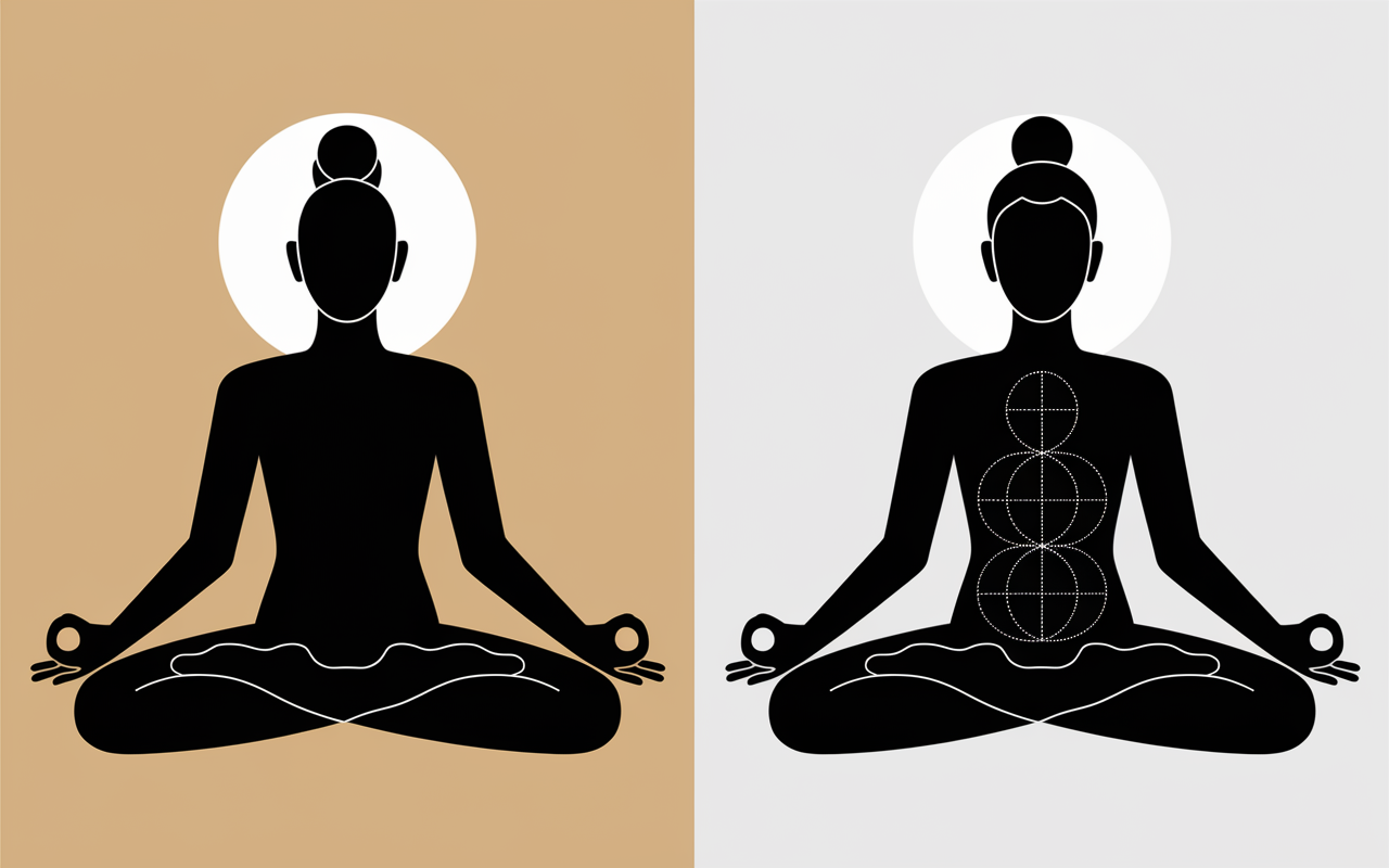 Comparatif visuel ASANA debout et LOTUS assis, niveaux souplesse, bienfaits
