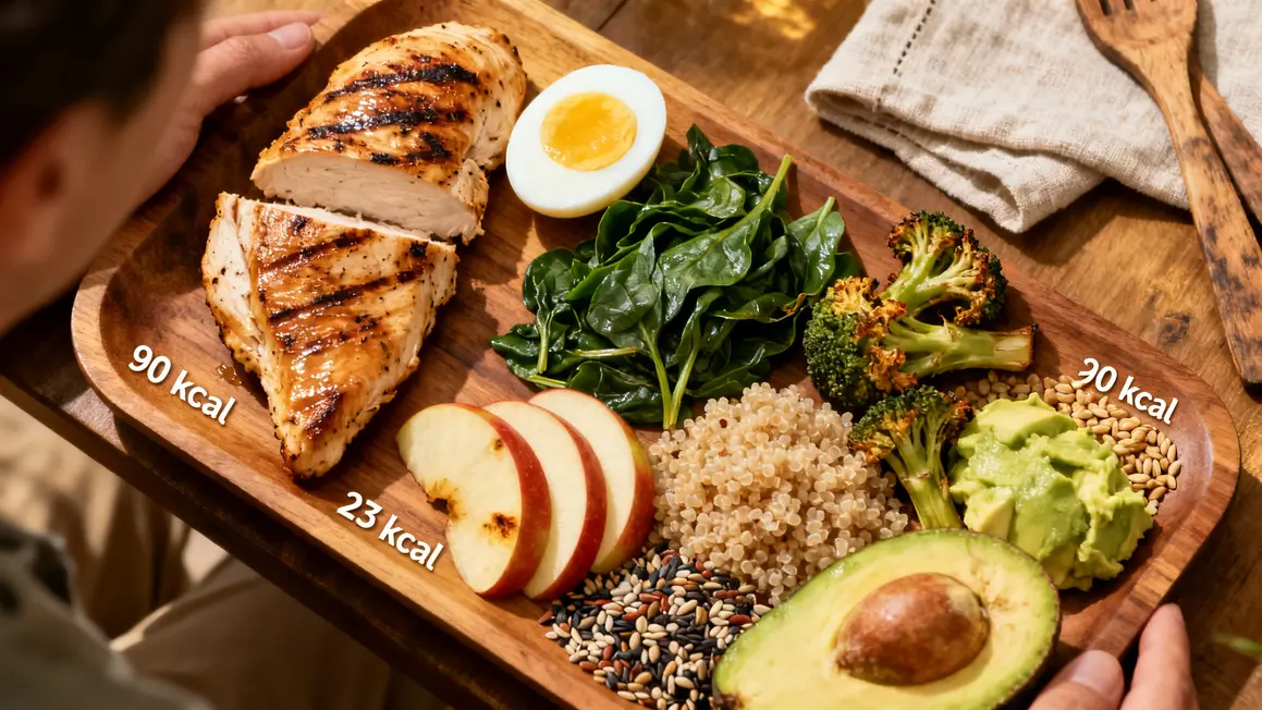 poulet, œuf, épinards, brocolis, quinoa, pomme, avocat, graines régime 1200 calories