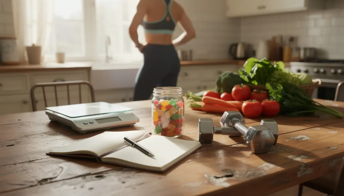 gommes BioXtrim, carnet, balance et légumes pour la perte de poids