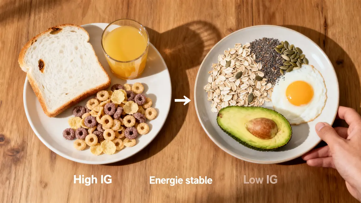 Petit déjeuner IG bas vs IG élevé énergie stable