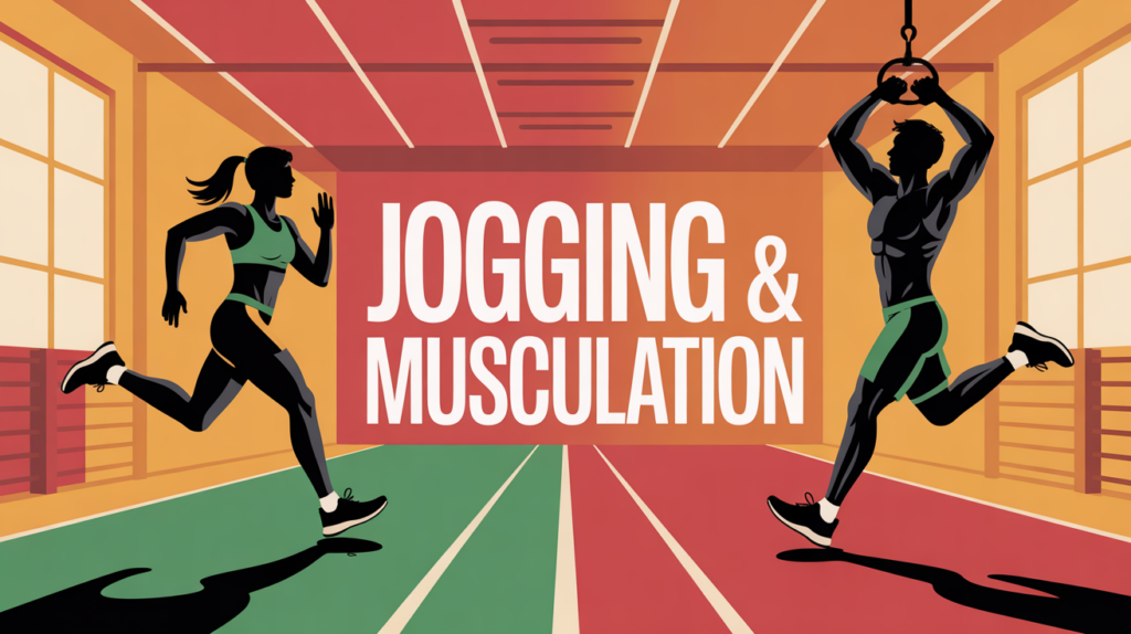 scene dynamique jogging et musculation silhouettes