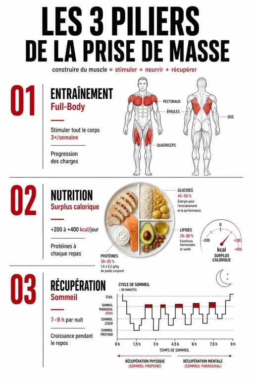 Infographie illustrant les piliers d'un programme prise de masse débutant : entraînement, nutrition et récupération.
