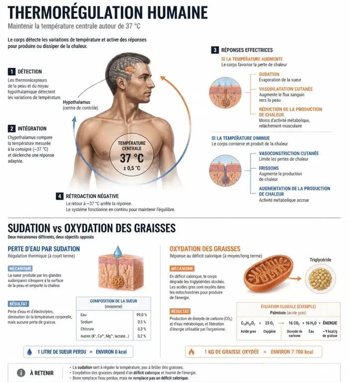Infographie expliquant la différence entre la transpiration et la perte de graisse pour maigrir