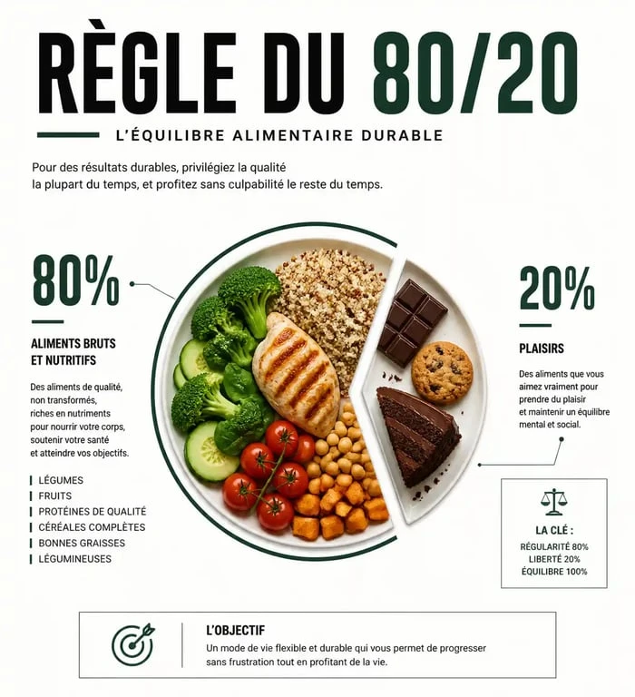 Infographie illustrant la règle du 80/20 pour maigrir vite et bien de manière durable