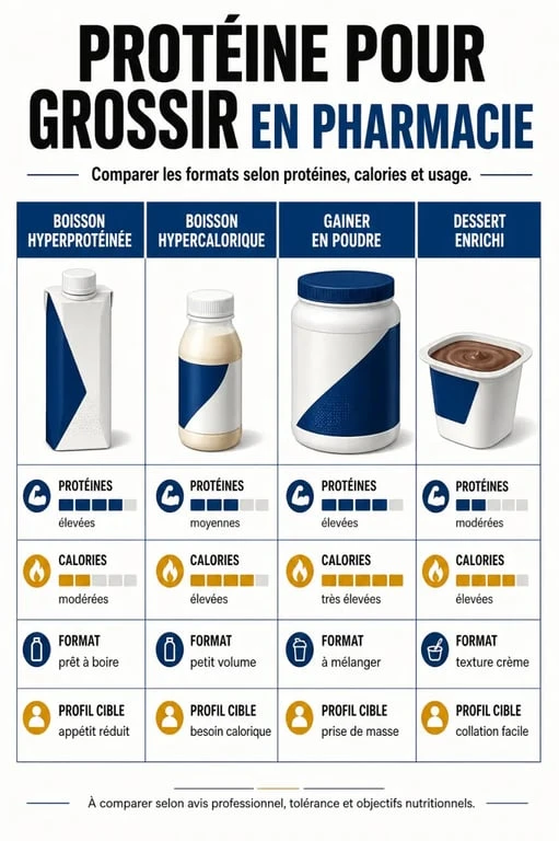 Comparatif de protéine pour grossir pharmacie avec boissons hyperprotéinées, gainers et formats enrichis