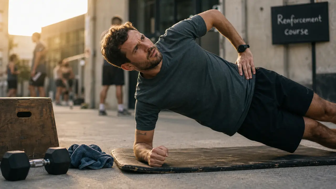 Renforcement musculaire course a pied : coureur en gainage planche latérale