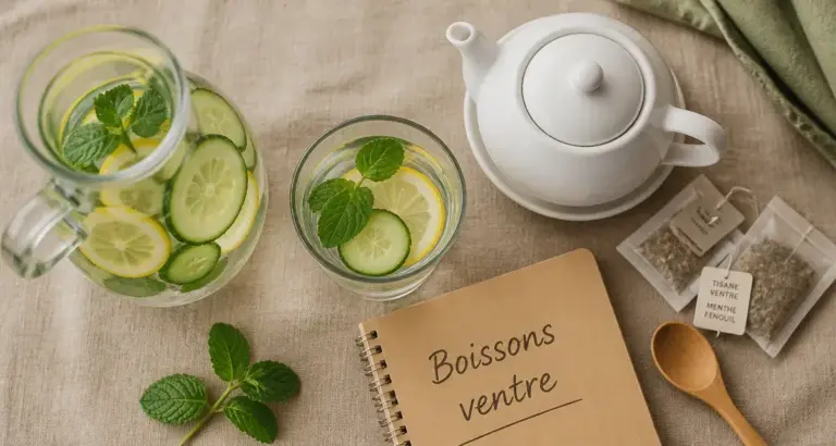 Boisson pour perdre du ventre : eau citron, menthe, concombre et tisane