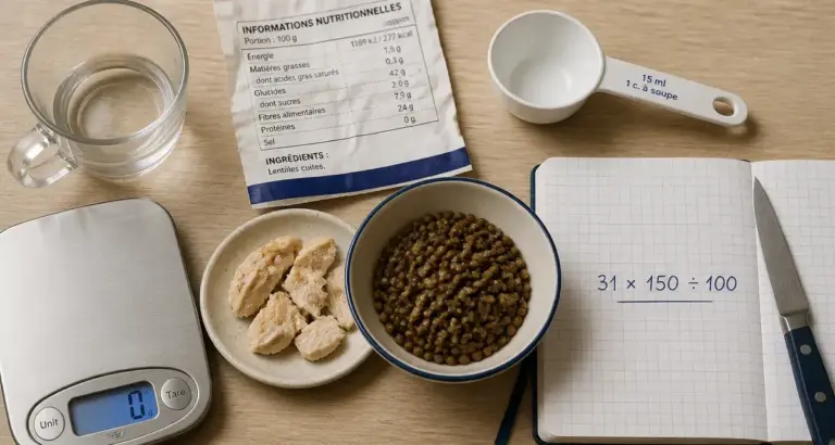 Calcul proteine par aliment cru et cuit, exemple lentilles et poulet